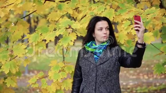 在秋天公园散步时漂亮的女人在智能手机上自拍视频的预览图
