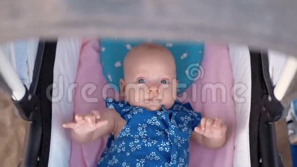 户外婴儿车里可爱的蓝眼女婴视频的预览图