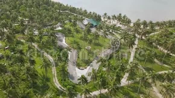海上热带岛屿棕榈树之间的空中观景轨迹Drone查看豪华马车赛道视频的预览图