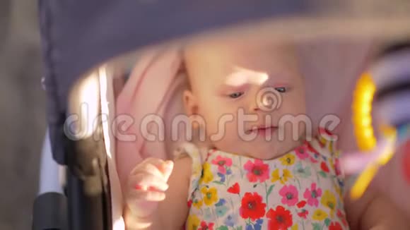 阳光明媚的夏日小女孩在婴儿车里散步视频的预览图