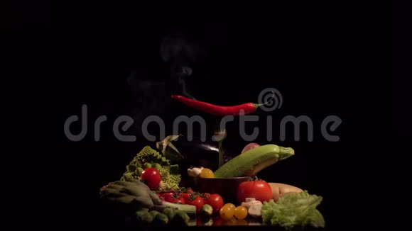 烹饪细节黑暗厨房里的绿色和红色新鲜蔬菜被隔离了视频的预览图
