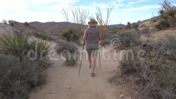 乔舒亚树在莫哈韦沙漠公园骑脚踏车的活跃妇女视频的预览图