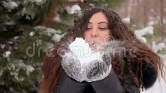 在冬天的公园里怀孕的女孩吹着雪视频的预览图