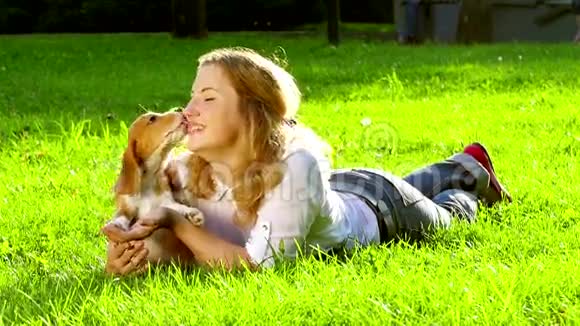 户外肖像快乐的女人和狗猎犬视频的预览图