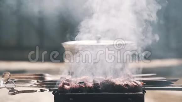 把旋转烤肉串关起来慢动作街头美食视频的预览图