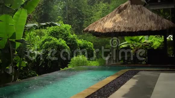 雨中丛林热带温泉的慢镜头室外游泳池复制空间视频的预览图