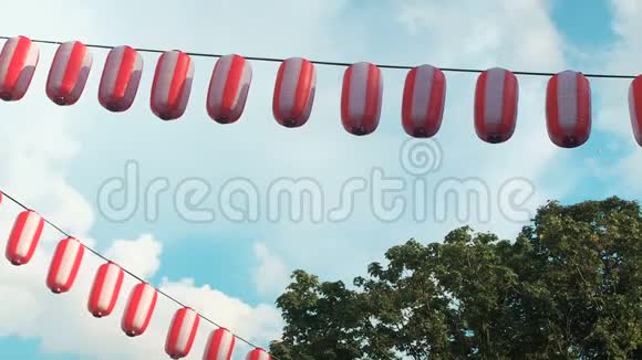悬挂在蓝天背景和树木上的红白日本灯笼视频的预览图