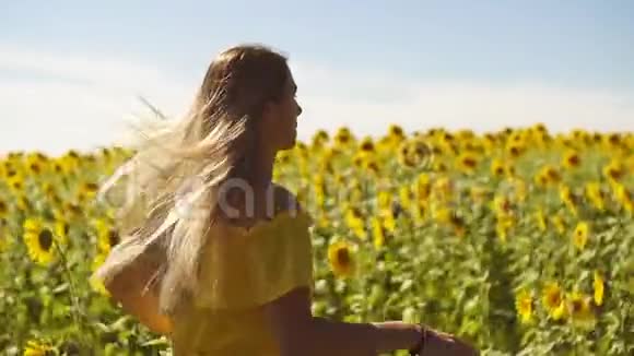一个穿着黄色衣服的年轻女孩穿着向日葵穿过田野慢动作视频的预览图