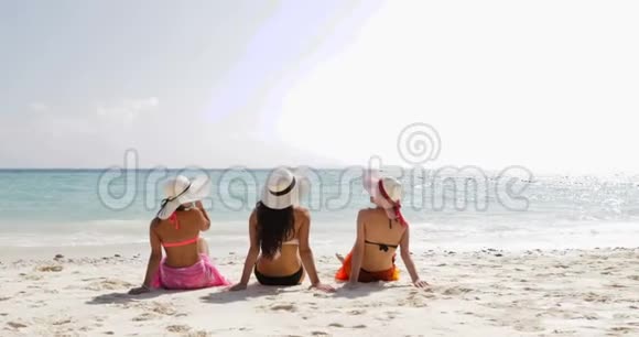 后视三个女孩在海滩上穿比基尼享受日光浴交谈女人脱下草帽游客夏季视频的预览图