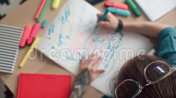 有创意的年轻女人有一个大纹身头上戴着眼镜视频的预览图