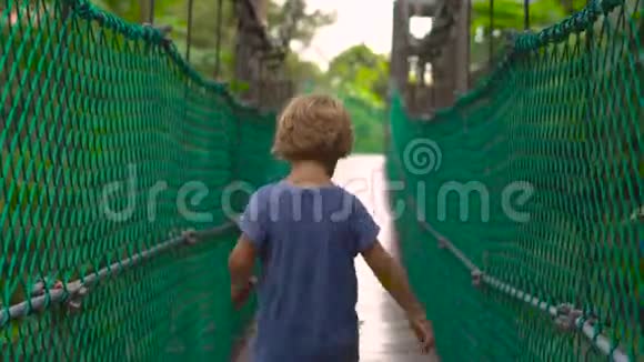 在吉隆坡生态公园的吊桥上一个可爱的小男孩在玩耍视频的预览图