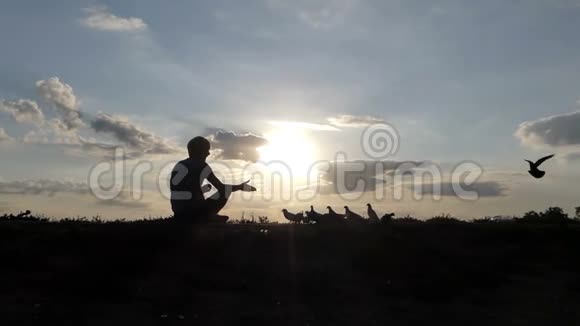 开放的人在日落时在草坪上喂鸽子视频的预览图