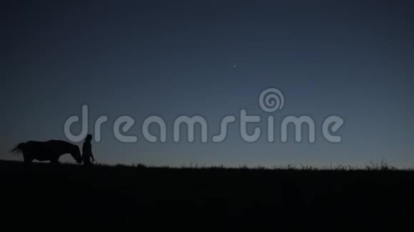 一个年轻女孩拿着马具晚上骑着月亮在天空中的马的剪影视频的预览图