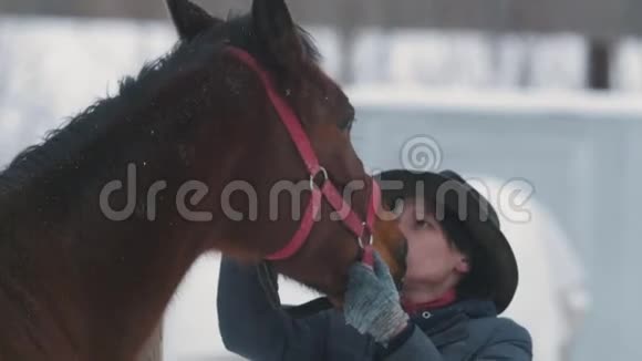 在下雪的时候女人试图牵着倔强的马走在雪域里视频的预览图