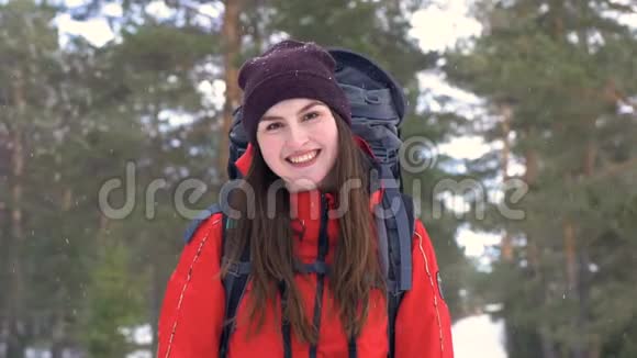 美丽的微笑旅游肖像我是冬天的森林高清视频的预览图