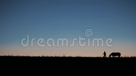 日出时一位骑马的女骑手带着她的马视频的预览图