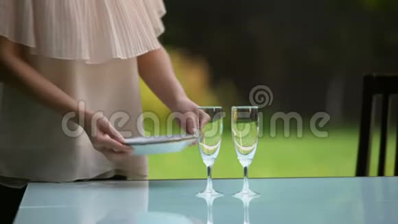 女朋友在户外提供餐盘和酒杯视频的预览图