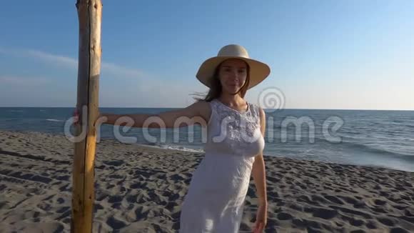 可爱的女孩在海滩上摆姿势视频的预览图