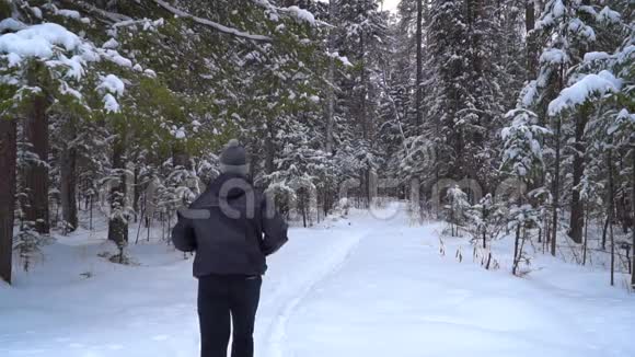 一个年轻人沿着一条白雪覆盖的森林小径奔跑视频的预览图