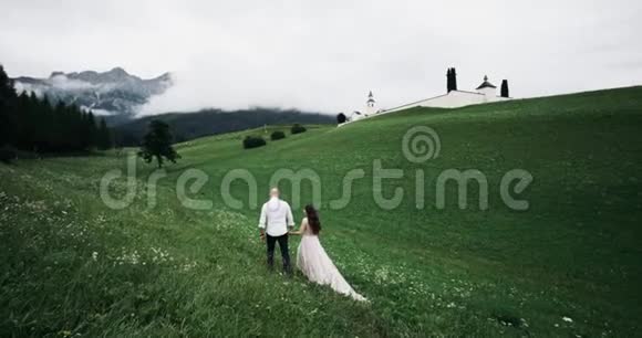 浪漫的一对夫妇手牵着手在绿色的田野里走来走去看着令人惊叹的森林和山脉景色视频的预览图
