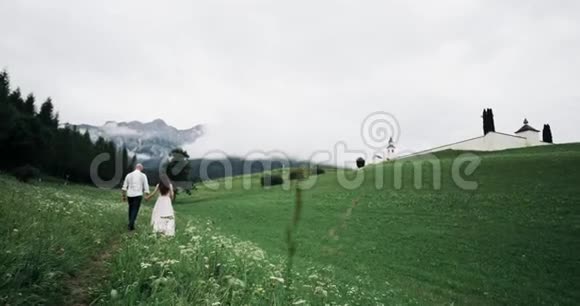 浪漫的情侣在绿色的大田野里走来走去牵着手视频的预览图