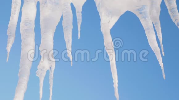 春天解冻蓝天背景下的冰柱视频的预览图