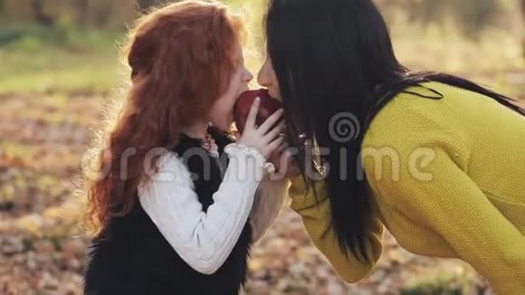 一位快乐的母亲和可爱的小女儿坐在一起在城市公园野餐时玩苹果秋季时间视频的预览图