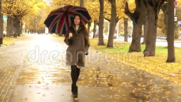 雨天美丽的孕妇带着雨伞沿着秋巷散步视频的预览图