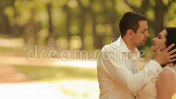 迷人的新婚夫妇在阳光明媚的公园里互相欣赏的敏感侧面肖像新郎是温柔的抚摸视频的预览图