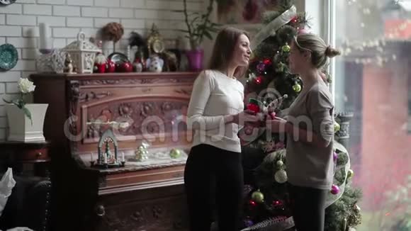 两个姐妹在镜头里展示圣诞玩具视频的预览图