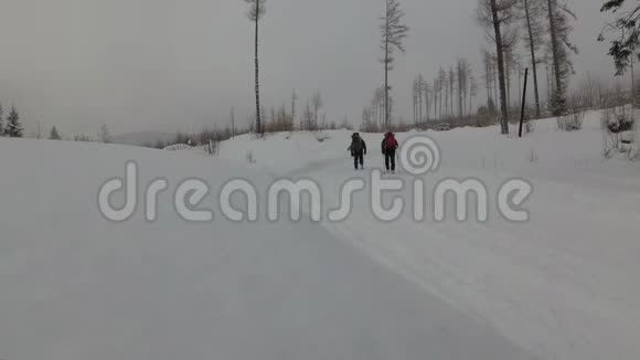 背着背包的男人走在雪山之路上视频的预览图