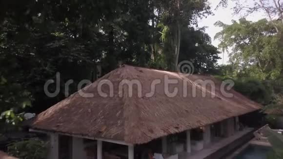 热带灌丛和用稻草覆盖的建筑物的鸟瞰图视频的预览图