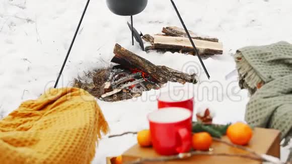 冬天森林里炉火旁的一个舒适的地方在火边概念舒适的地方刺伤视频的预览图
