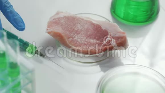 食品质量控制专家在实验室检查肉类标本视频的预览图