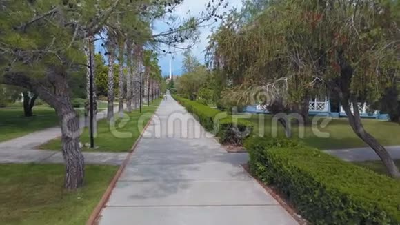 公园有棕榈树和树木中心路径顶部视图无人机视频前进视频的预览图