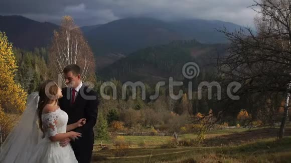 在秋天美丽的群山背景下拥抱的年轻迷人的新婚夫妇的半长肖像视频的预览图