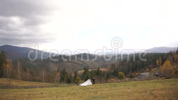 令人惊奇的一对新婚夫妇牵着手沿着美丽的金色草地在山上散步视频的预览图