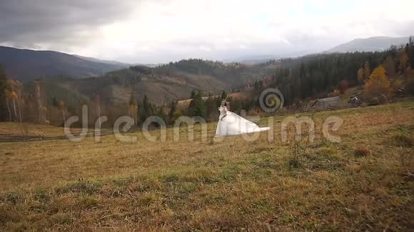 华丽欢快的新娘正沿着奇妙的草地奔跑美丽的大自然笼罩着金色的山脉视频的预览图