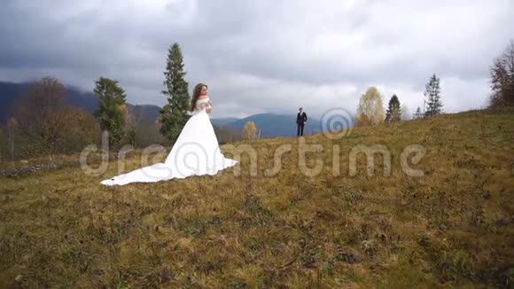 时尚的新郎来到他美丽迷人的新娘面前穿着时髦的长裙站在秋天的顶部视频的预览图