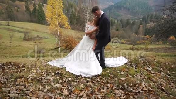 浪漫的气氛相爱的新婚夫妇轻轻拥抱在穆纳廷斯秋天新郎在接吻视频的预览图
