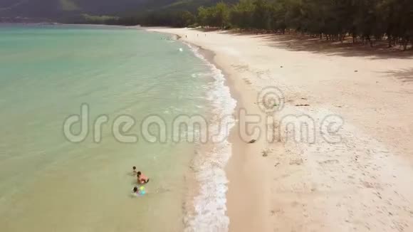 游客在度假海滩无人机景观海中游泳空中风景人们沐浴在晶莹清澈的海水中视频的预览图