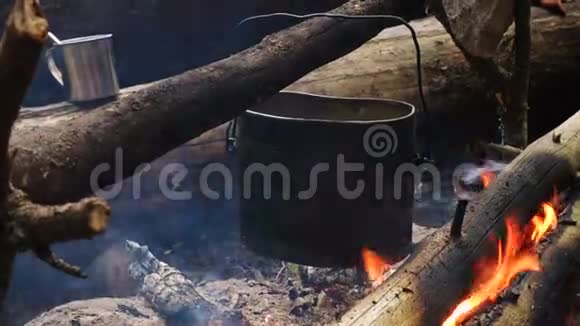 在森林的篝火上开着水壶视频的预览图
