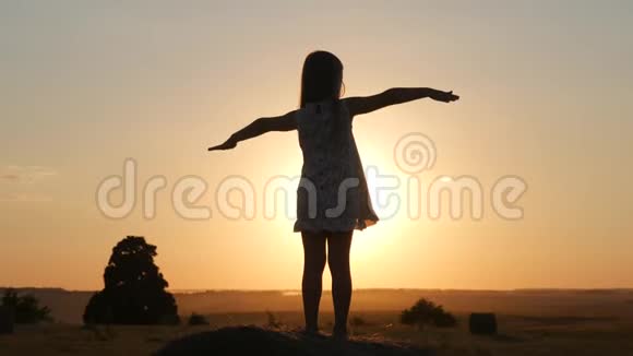 日落时分站在一卷稻草上的金色田野里的年轻女孩幸福地举起双手美丽快乐视频的预览图