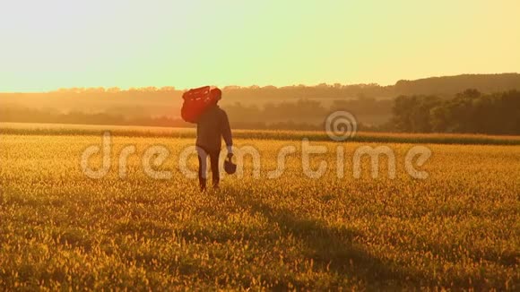 农夫拿着铲子和盒子在田里散步他们携带种植树木的设备在日落的时候侧视图视频的预览图