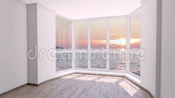 空房间有大窗户外面的海洋平静的日落背景板彩色关键视频背景视频的预览图