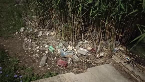 塑料聚乙烯和玻璃垃圾在野外环境污染环境灾害破坏自然视频的预览图