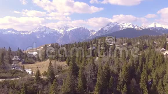 飞越美丽的维利卡平原充满云杉小房子和山脉在后面空中摄影机拍摄视频的预览图