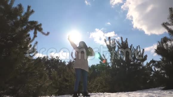 年轻快乐的女人在冬天的森林里跳舞很有趣女孩在雪景的背景下跳舞女性视频的预览图
