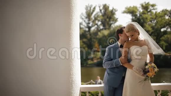 浪漫的肖像这对迷人的新婚夫妇英俊的新郎温柔地亲吻着新娘的脖子和脸视频的预览图