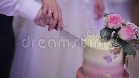 新娘和新郎切婚礼蛋糕关门视频的预览图